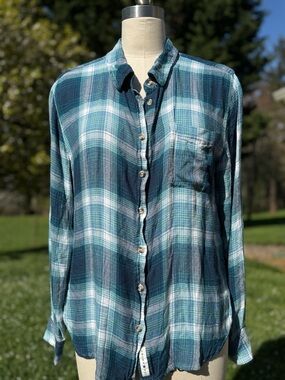 LUCKY BRAND Flannel Long Sleeve Button-Down Shirt Navy Jade Aqua White PLAID M